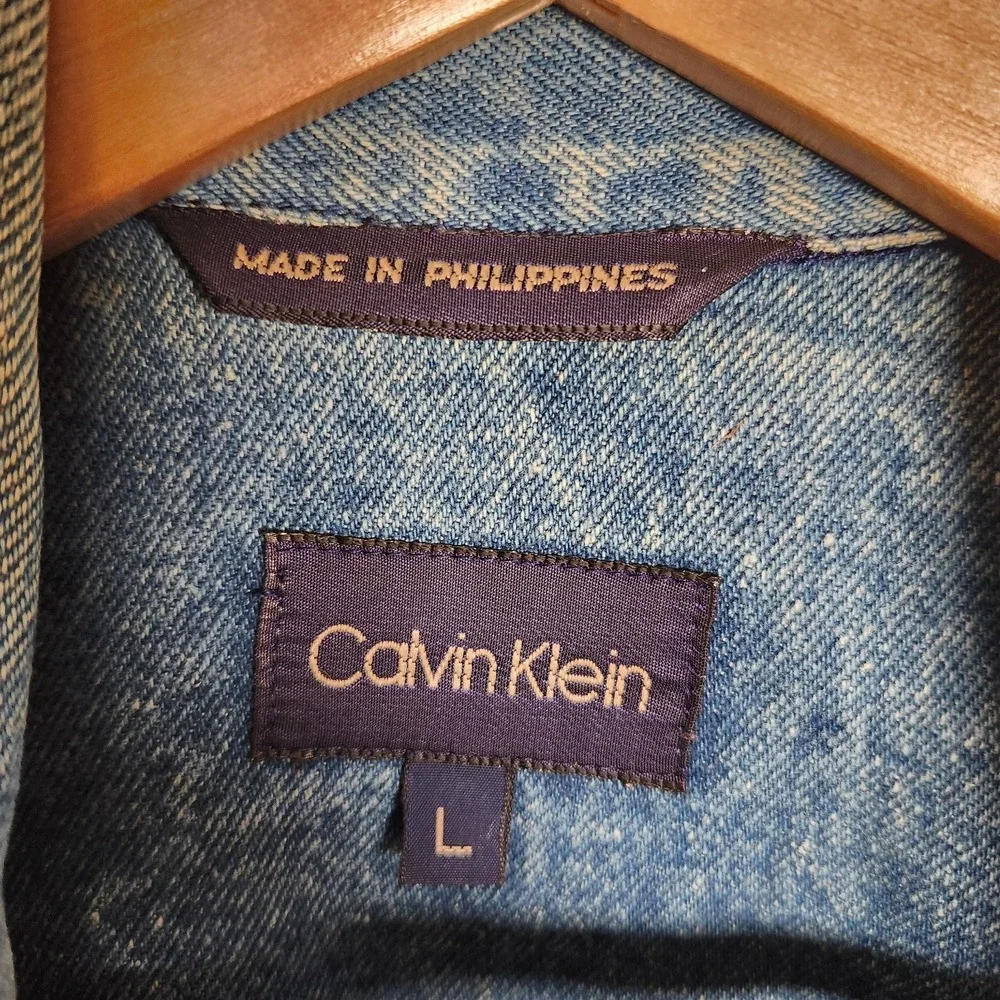 VTG 90s Calvin Klein Denim Trucker Jacket Large L MN C1201 Distressed Acid Wash